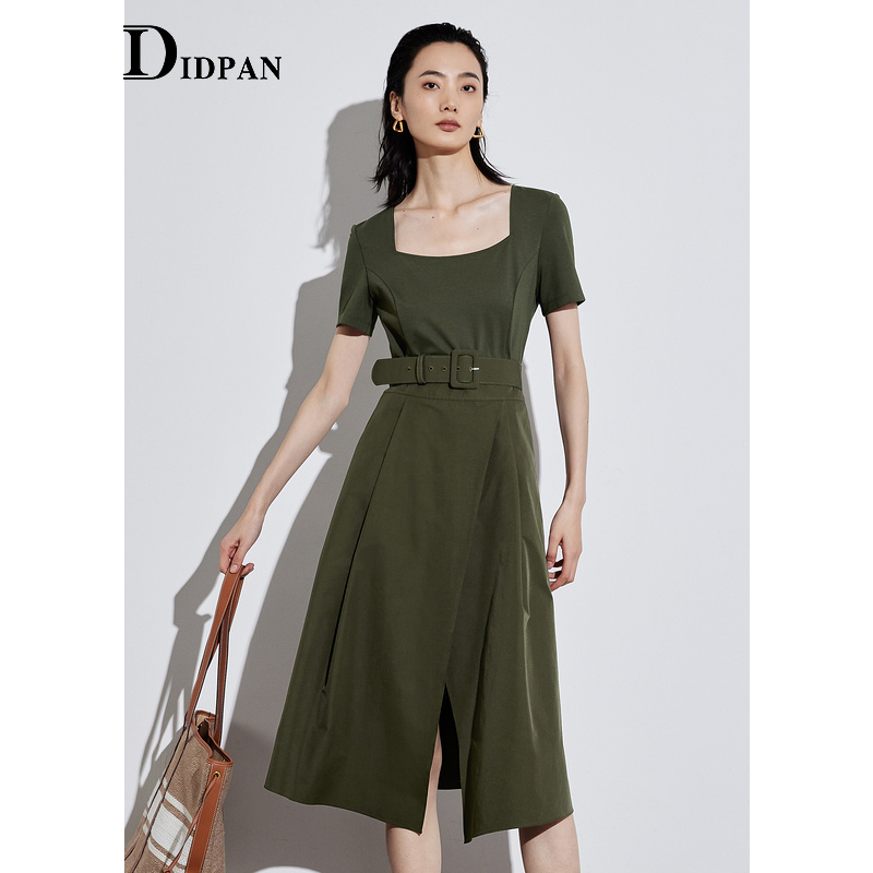 IDPAN绿色连衣裙夏季新款职场轻熟风女装高级感气质通勤裙子