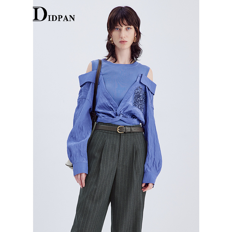 IDPAN长袖扭结上衣秋季新款时尚通勤精致干练设计感挖空小众女装