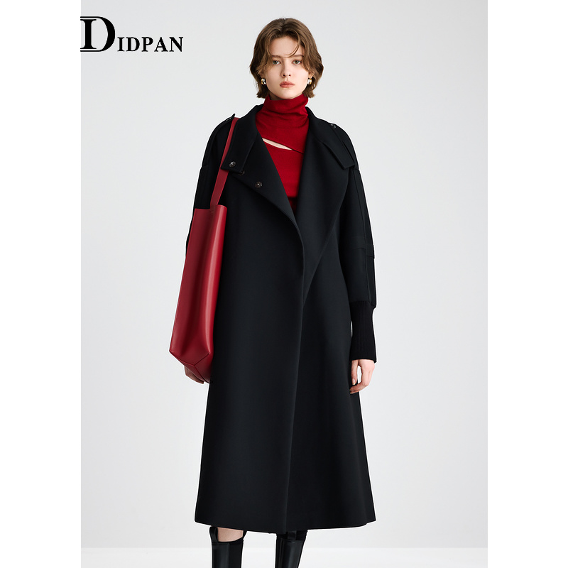 IDPAN女装冬季新款商场同款时尚百搭黑色毛呢外套气质长大衣