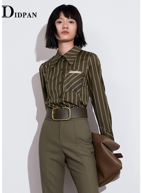IDPAN商场同款竖条纹衬衫设计美学立体剪裁极简线条咖啡色衬衣女