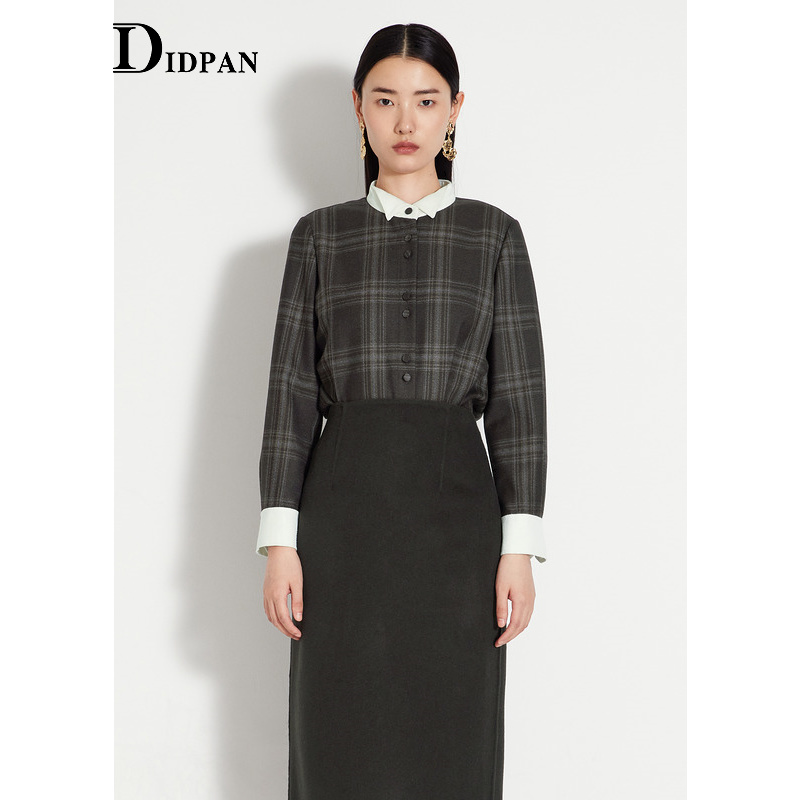 IDPAN长袖衬衫冬季新款时尚别致撞色折角领格纹印花女士衬衣