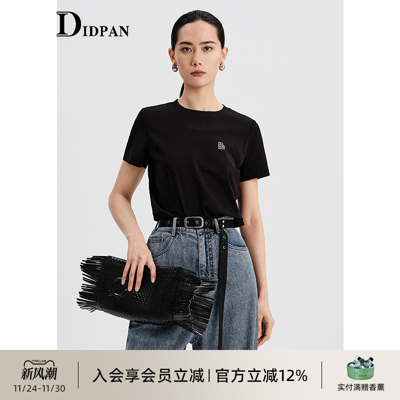 IDPAN女装品牌短袖T恤2025夏季新款简约百搭通勤正肩圆领黑色上衣