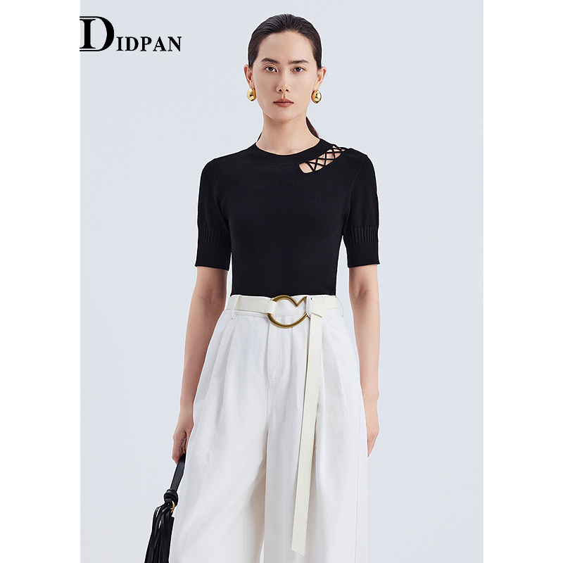 IDPAN肌理感针织衫2025夏季新款修身显瘦设计感编织镂空短袖上衣