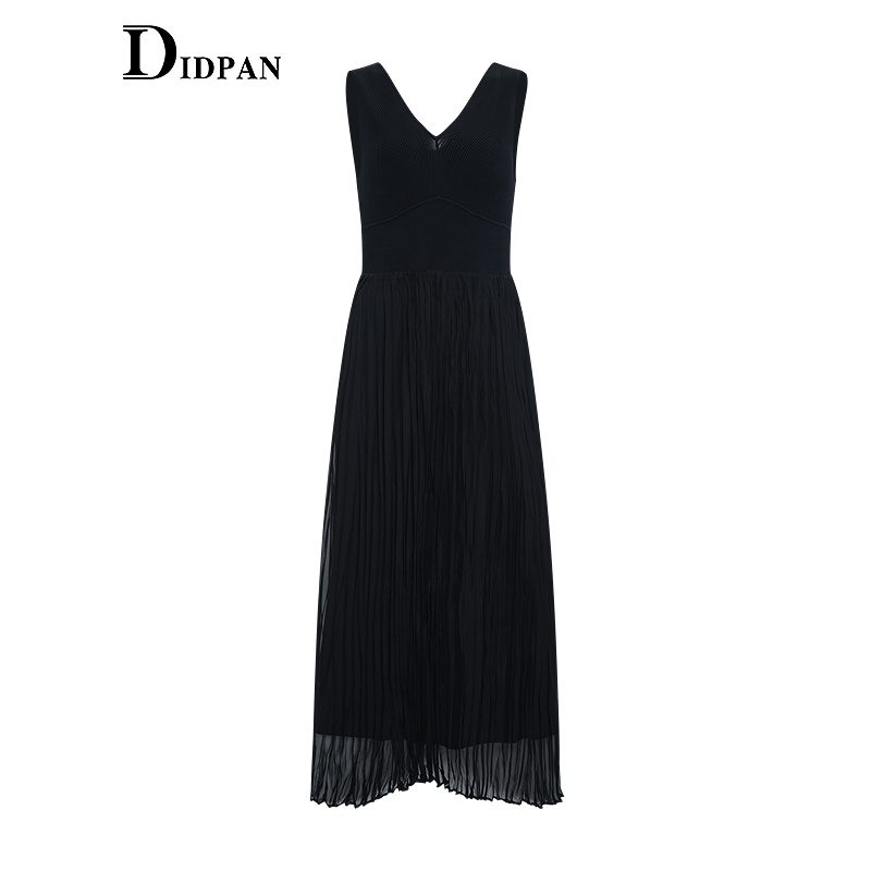IDPAN黑色吊带裙2025春季新款时尚百搭简约气质v领显瘦针织长裙女
