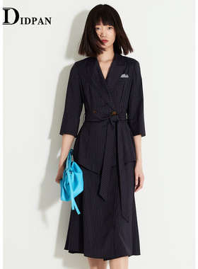 IDPAN女装商务职场通勤气质修身显瘦收腰系带条纹西装领连衣裙女