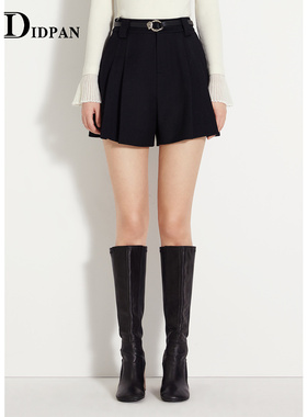 IDPAN毛呢短裤冬季新款时尚百搭气质通勤高腰显瘦黑色裤子女