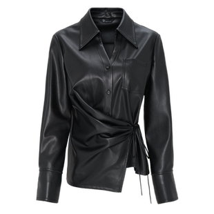 IDPAN女装新款帅气通勤显瘦V字翻领皮衣衬衫酷飒长袖上衣女