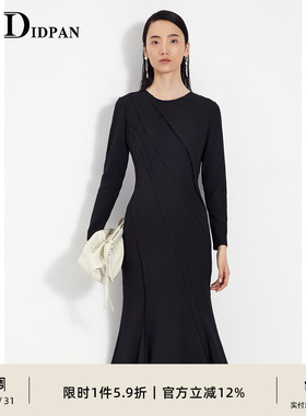 IDPAN黑色修身连衣裙通勤女装春季新款设计感收腰显瘦包臀鱼尾裙