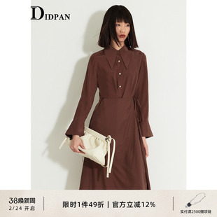 IDPAN女装秋季新款休闲通勤不对称下摆系带显瘦长袖连衣裙女
