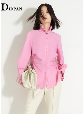 IDPAN秋季新款气质通勤木耳边小立领设计捏褶长袖廓形收腰衬衫女