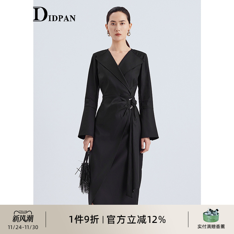 IDPAN围裹式不规则连衣裙长裙2025秋新款收腰显瘦通勤高级感裙子