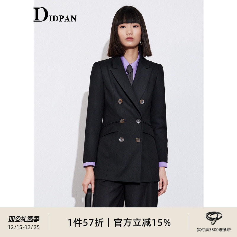 IDPAN女装通勤职场双排扣气质职业黑色极简西装外套女高级感西服