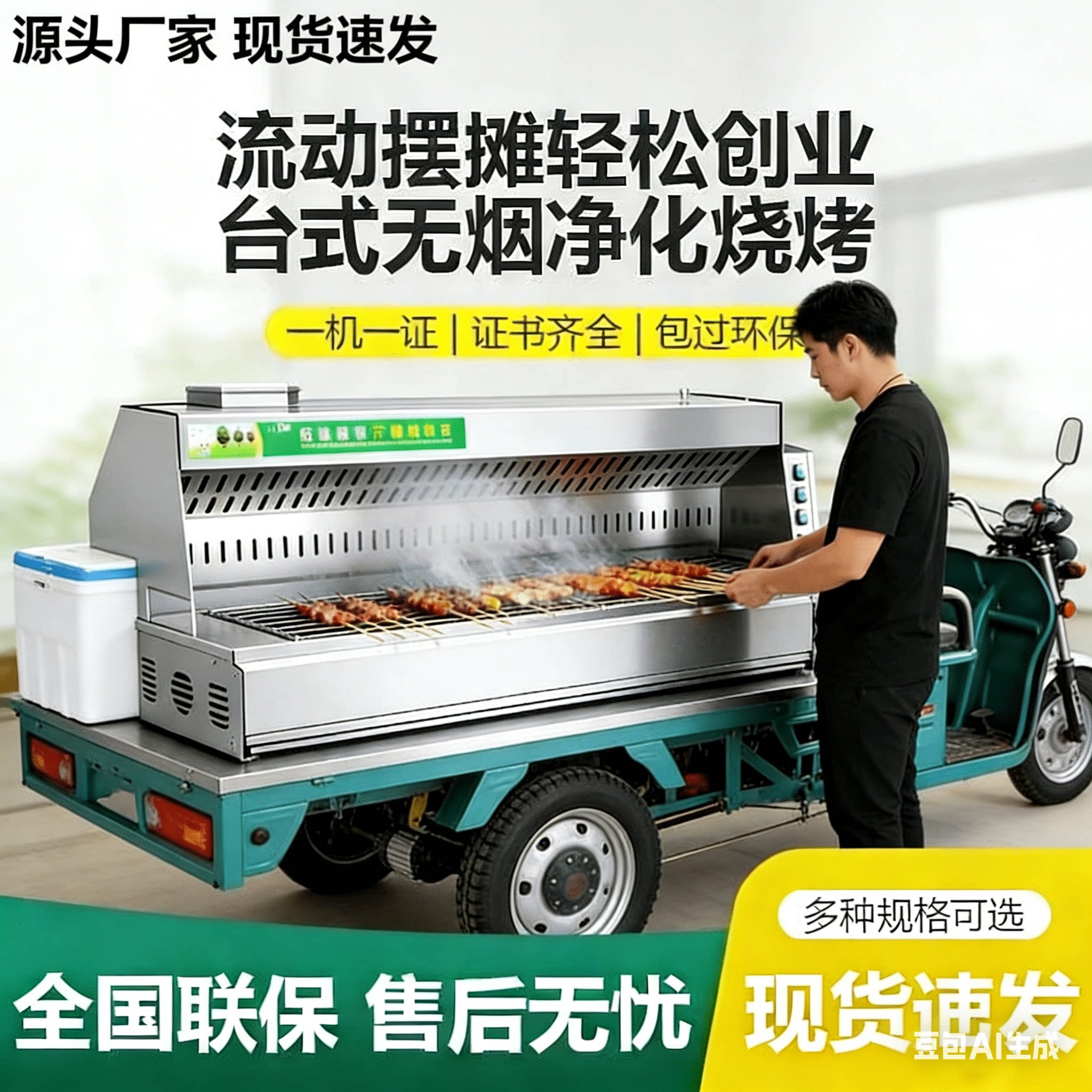 台式无烟烧烤车夜市流动三轮摆摊不锈钢移动架子油烟净化一体机