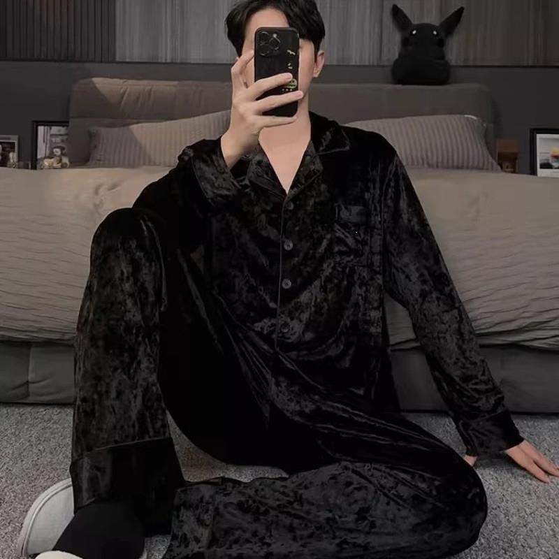 玛森STUDIO高级感黑色金钻绒睡衣男款秋冬季金丝绒男士家居服套装