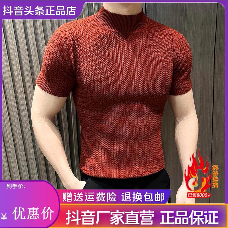利哥轻奢男装精品欧货轻奢半高领男士短袖t恤毛衣条纹针织打底衫