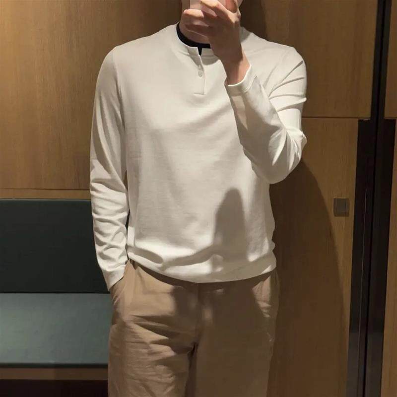 繁花百货优品小铺休闲春秋薄垂感抗皱S长袖男T恤宽松半开扣套头男