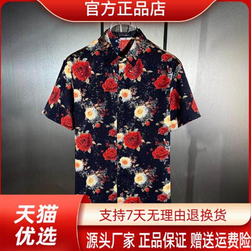 师凯服饰Amphelisia/2026夏季修身数码3D印花男士短袖大玫瑰衬衫