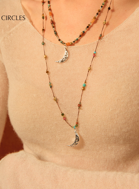 LAZY CIRCLES细巧编绳小银月项链女彩石串珠锁骨链