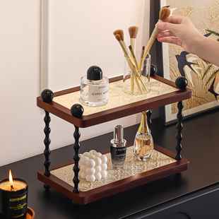 中古风桌面杯子实木置物架高级感轻奢家用台面特别好看双层收纳架