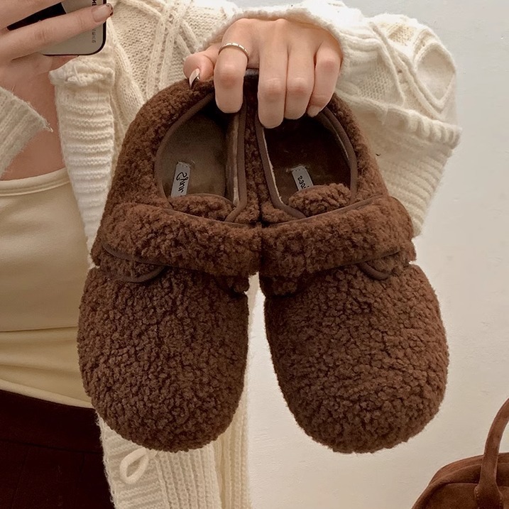 软糯小土豆~美拉德毛毛勃肯鞋女2025秋冬季魔术贴加绒圆头棉鞋