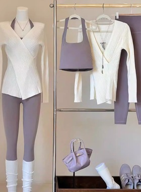 祖儿兔兔·不规则交叉毛衣奶白紫秋冬瑜伽服套装2512D29