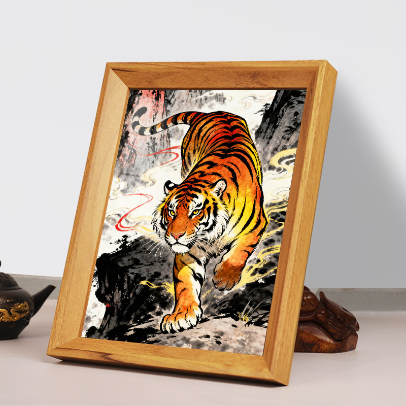 老虎国画装饰画猛虎下山玄关相框摆件客厅办公室入户镇宅旺宅挂画,家居饰品,国画,淘宝优惠券,粉丝福利购,淘宝优惠卷