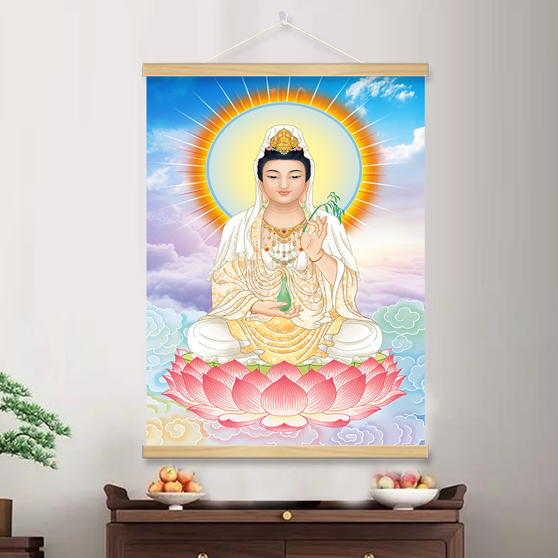 庄严观世音菩萨佛像画 白衣观音坐像佛堂家用供奉画像 卷轴画挂画