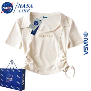 NASA联名~美式拼接撞色印花纯棉正肩T恤女短袖夏季宽松显瘦上衣潮
