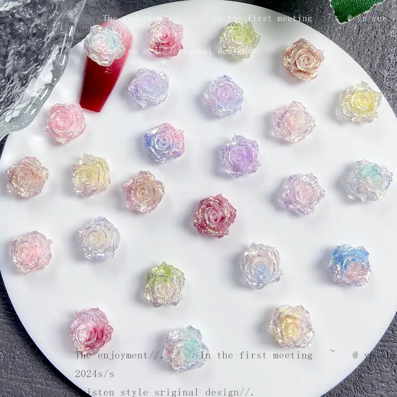 新款雾海双色细闪花朵美甲饰品萤火虫夜光树脂花朵美甲装饰品