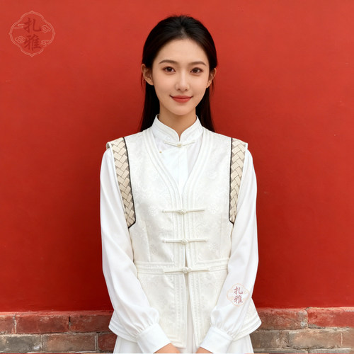 新中式立领盘扣白色女款马甲