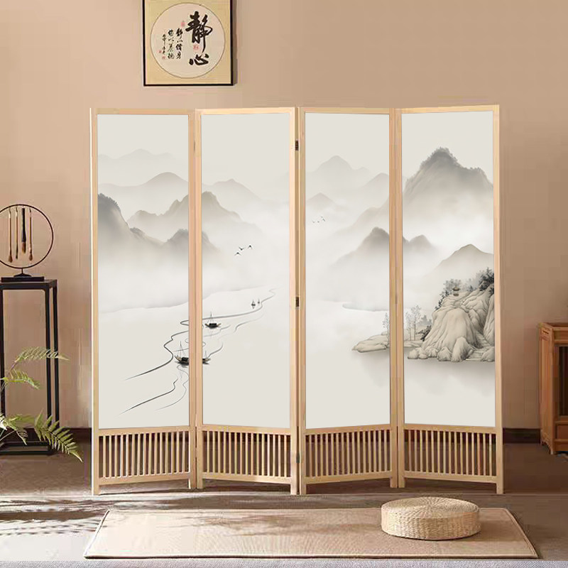 新中式屏风隔断客厅书房家用茶室办公室酒店可移动折叠山水画折屏