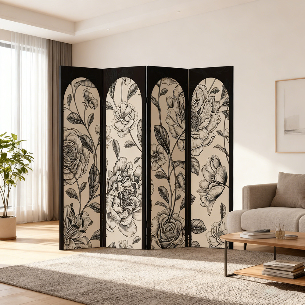 复古花卉屏风隔断客厅卧室装饰折屏黑白仿手绘油画艺术无框屏风