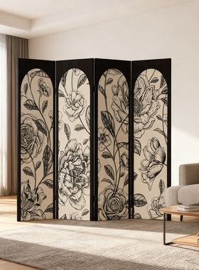 复古花卉屏风隔断客厅卧室装饰折屏黑白仿手绘油画艺术无框屏风