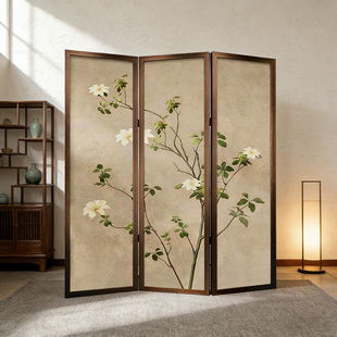 新中式花卉折屏客厅书房玄关遮挡宋代美学专业定制实木屏风隔断