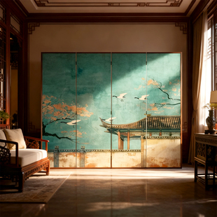 中式复古折屏客厅装饰屏风玄关遮挡仙鹤山水画四扇折叠屏风隔断