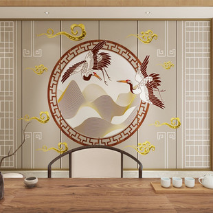 新中式 禅意祥云仙鹤墙布电视背景墙壁纸卧室客厅寓意墙纸无缝壁画
