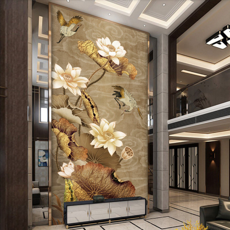 新中式复式楼电视背景墙纸别墅客厅花鸟影视墙布玄关山水大气壁画,家装主材,定制壁画,淘宝优惠券,粉丝福利购,淘宝优惠卷