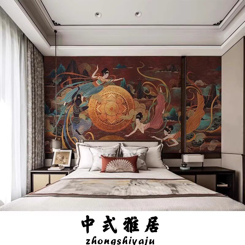 定制新中式敦煌飞天壁画背景墙风客厅高级感墙布餐厅民宿酒店壁纸