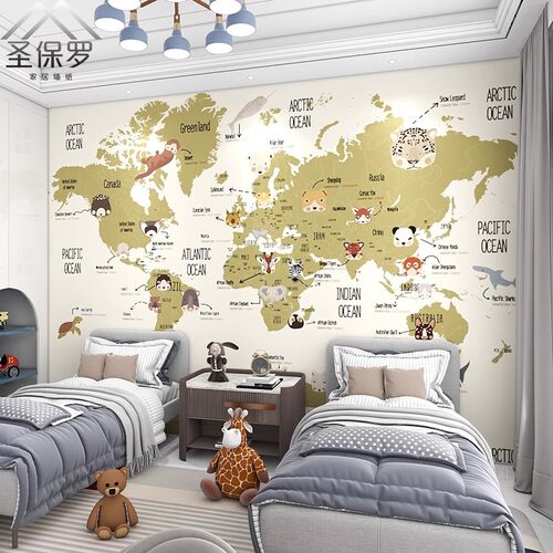 儿童房壁纸卧室英文世界地图墙布