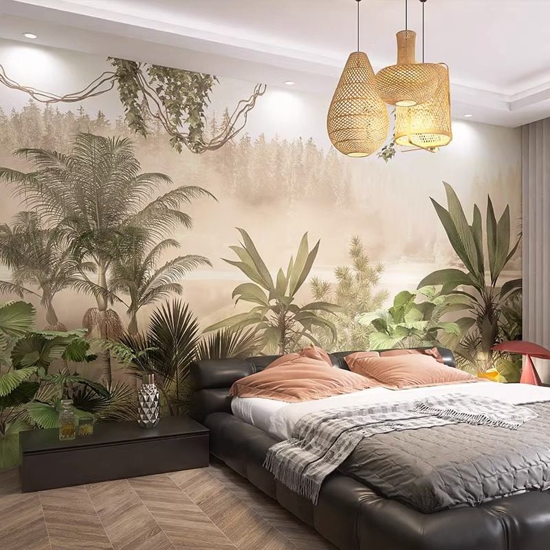 东南亚热带雨林绿植墙纸美式客厅壁纸卧室沙发床头背景墙无缝墙布,家装主材,定制壁画,淘宝优惠券,粉丝福利购,淘宝优惠卷