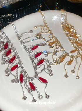 宫廷风镶钻水晶流苏项链复古时尚