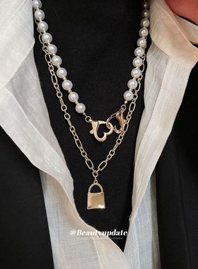 辣妹风爱心小锁链条珍珠项链时尚