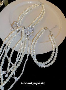 镶钻蝴蝶结流苏珍珠项链复古优雅