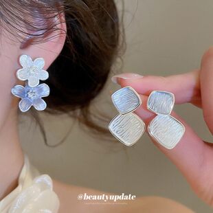 银针滴油花朵耳钉韩系优雅清冷感耳环轻奢高级感耳饰设计感小众女