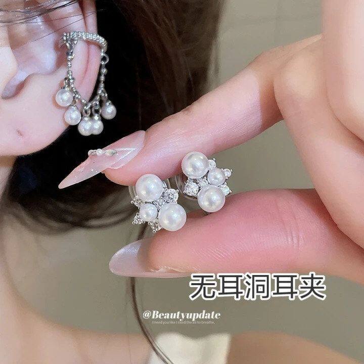 超闪锆石珍珠流苏耳夹女新款无