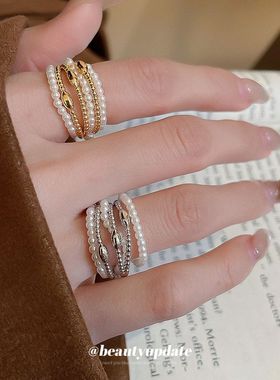 真金电镀多层珍珠开口戒指小众