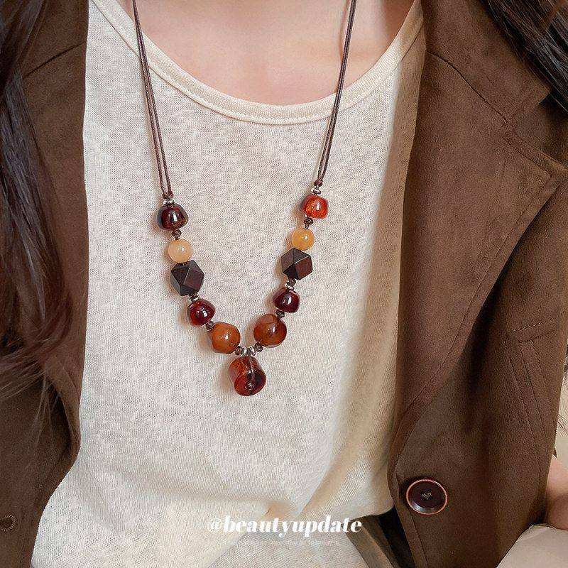 民族风树脂木头串珠项链复古气质轻奢高级感毛衣链设计感小众颈链