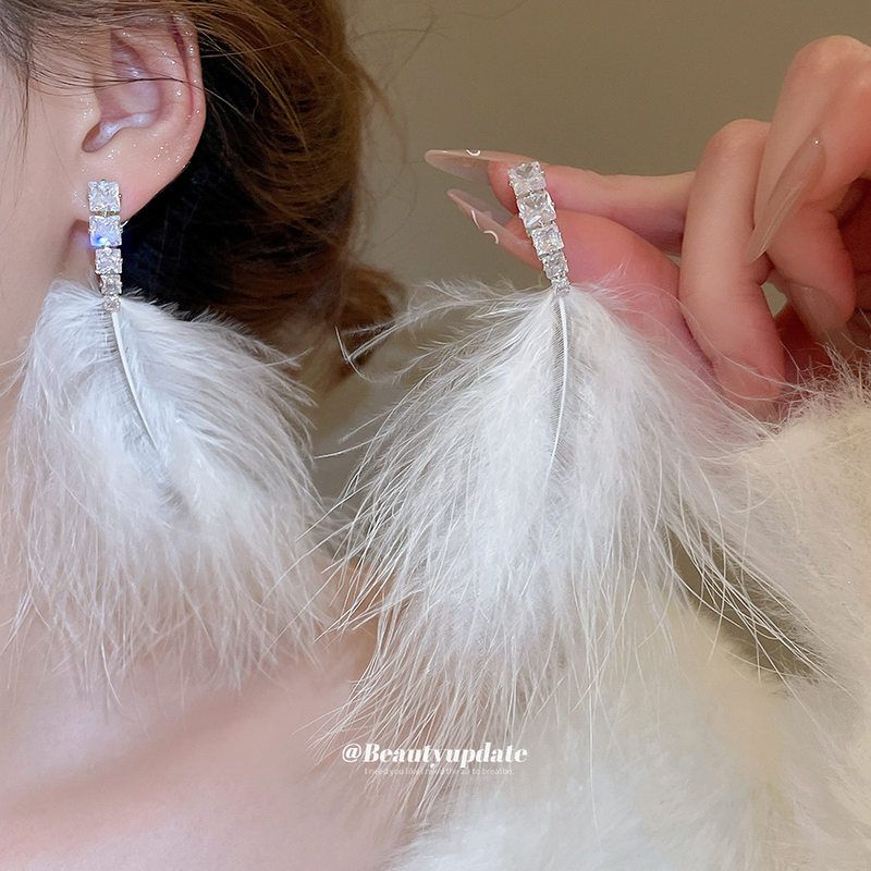 银针锆石羽毛流苏耳环超仙甜美优雅气质耳坠耳钉轻奢高级感耳饰女
