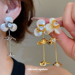 银针锆石珍珠花朵流苏耳环法式 耳饰设计感小众 宫廷风耳钉时尚 个性