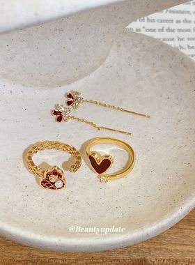 18真金电镀锆石滴油爱心开口戒指